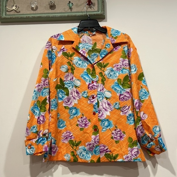 Vintage 70s PYKETTES dagger collar purple blue rose orange button-down shirt - Picture 7 of 7